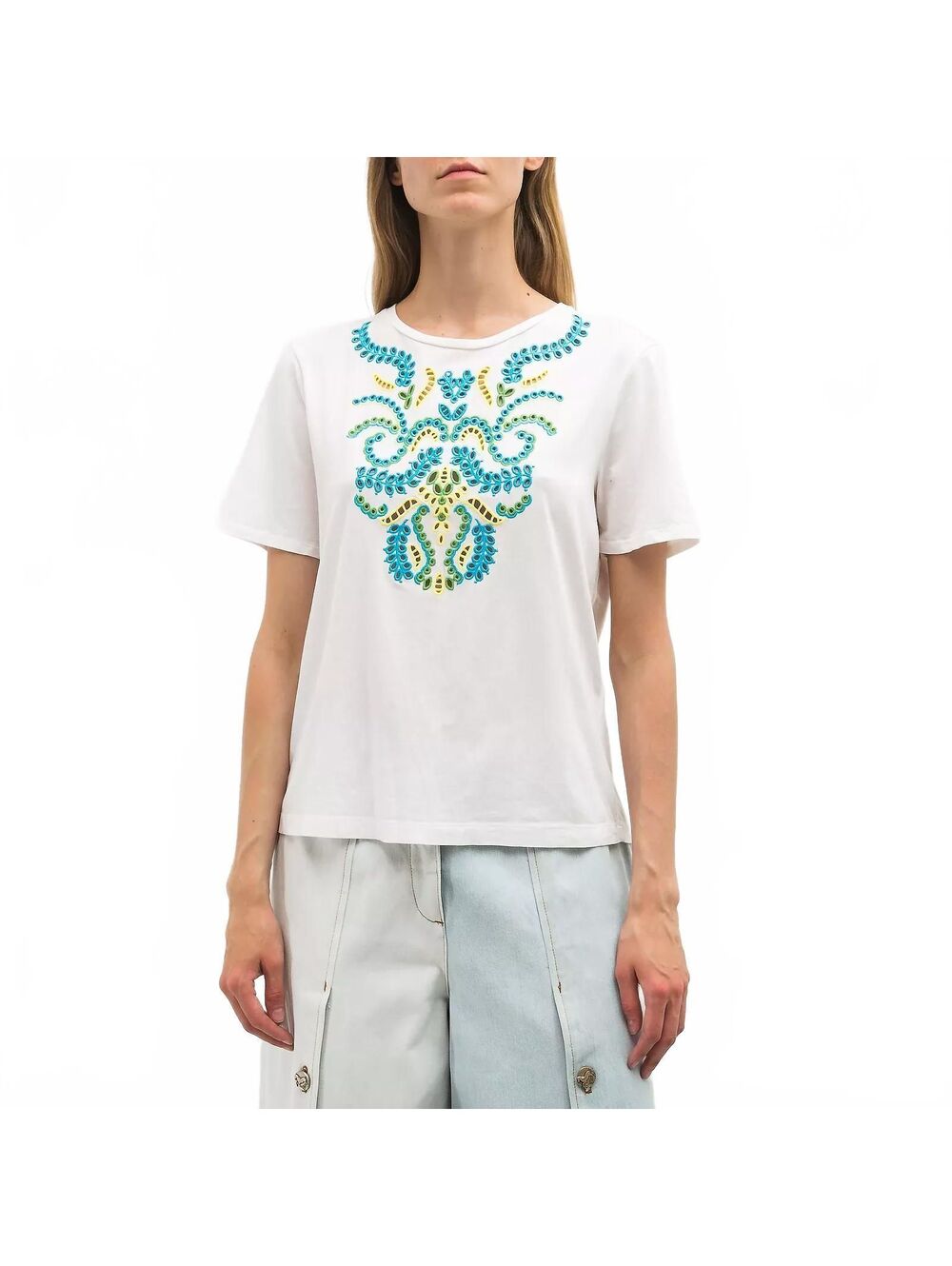 Sandro Paris White Embroidered Cotton Boho Crewneck T-Shirt Medium
